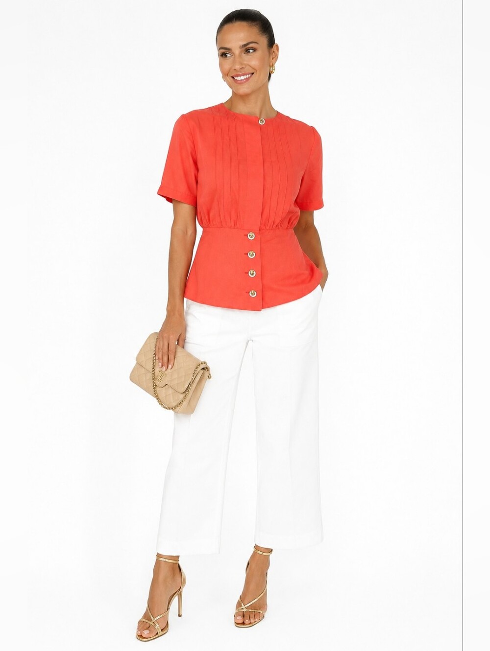 Louis Feraud Coral Cotton Peplum Blouse Tie Back Gold Logo Buttons US 12 - Picture 2 of 12